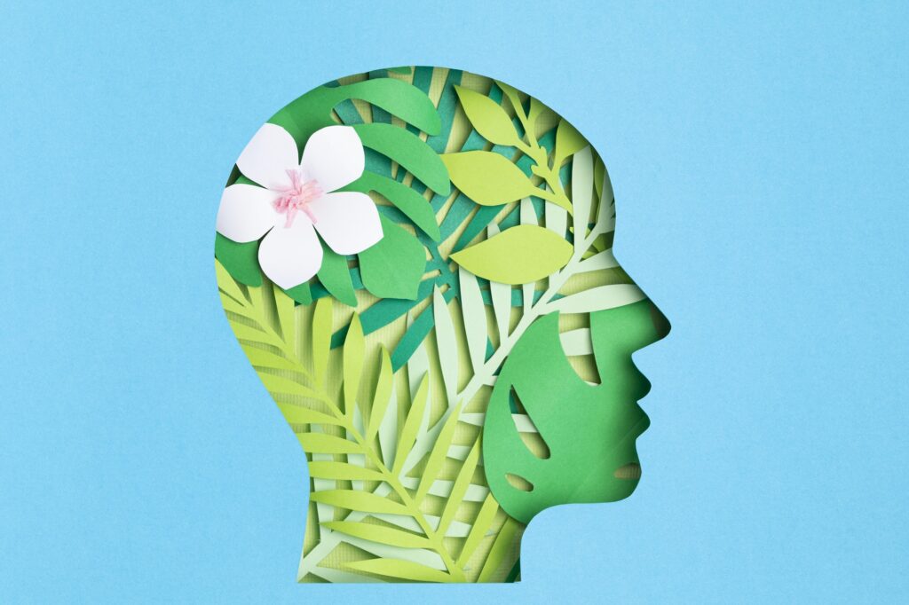 Papercut head with with green leaves inside. Mental health, psychology, memory, logic, green